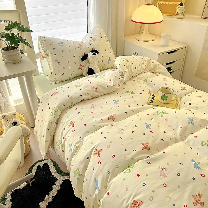 Cartoon printed bedding sets cream & blue bedroom cat duvet set