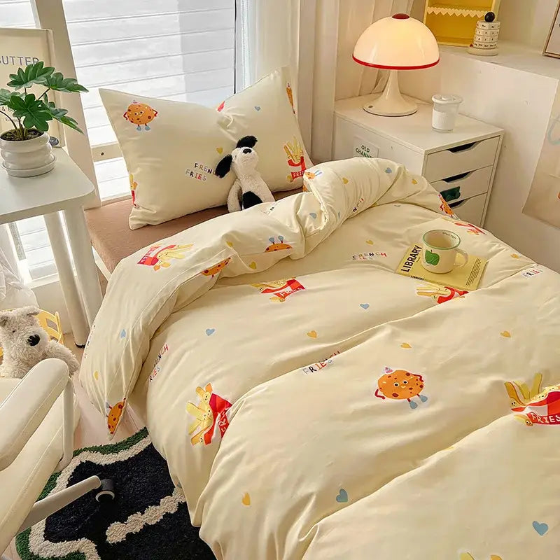 Cartoon printed bedding sets cream & blue bedroom cat duvet set