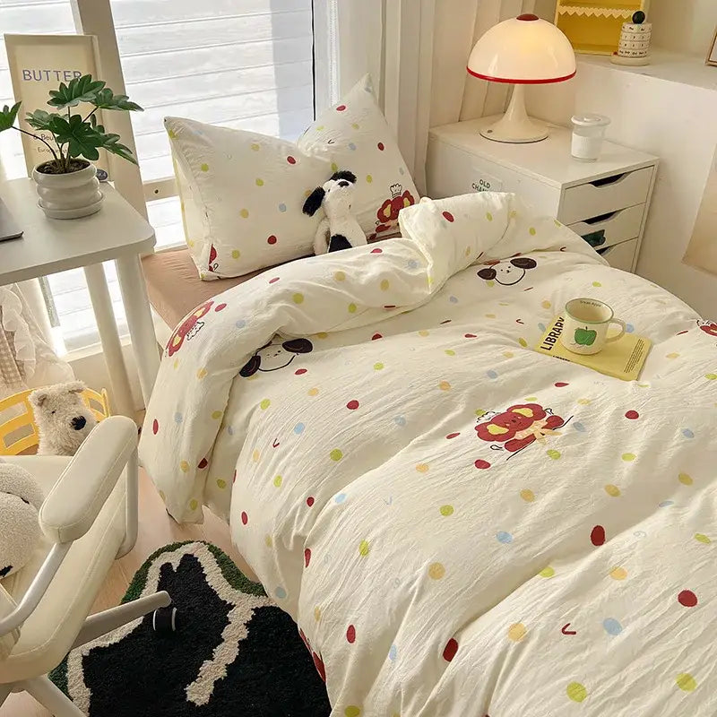 Cartoon style cream & blue bedding sets bedroom cotton cat print