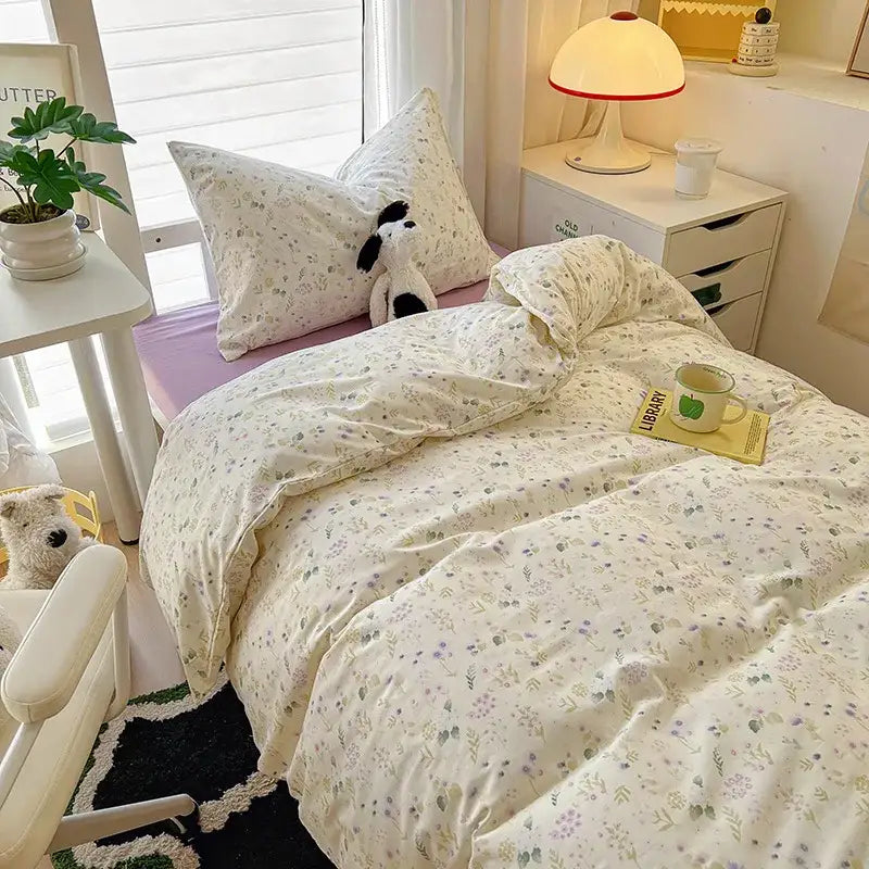 Cartoon style cream & blue bedding sets bedroom cotton cat print