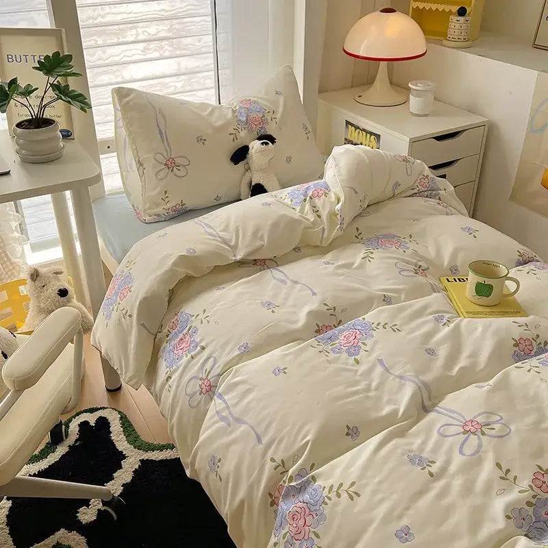 Cartoon style cream & blue bedding sets bedroom cotton cat print