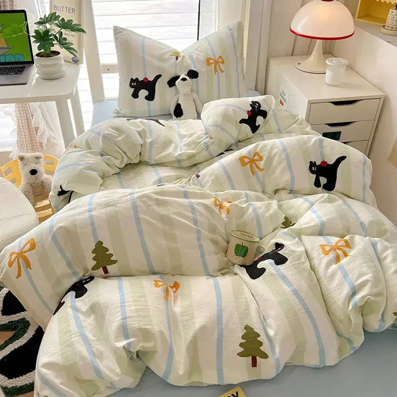 Cartoon style cream & blue bedding sets bedroom cotton cat print