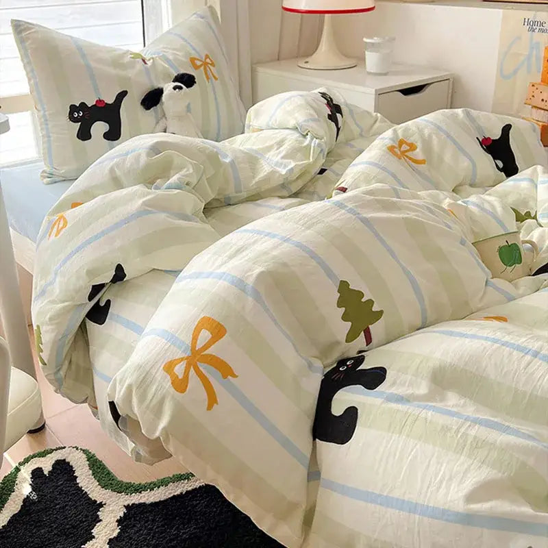Cartoon style cream & blue bedding sets bedroom cotton cat print