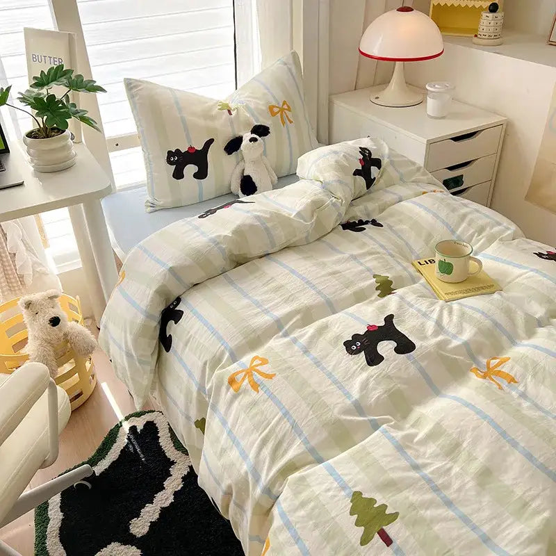 Cartoon style cream & blue bedding sets bedroom cotton cat print