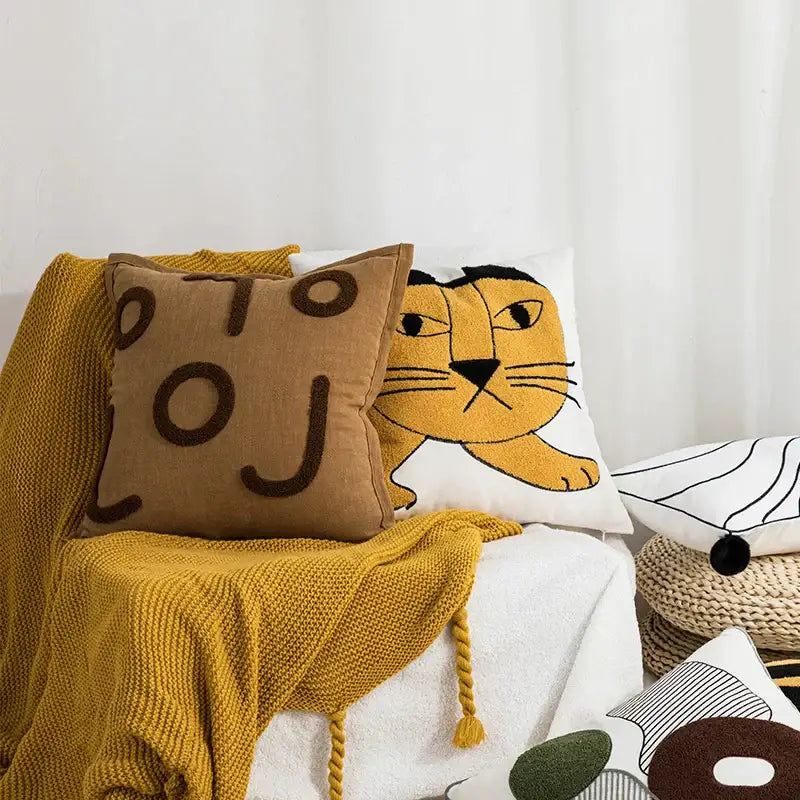 Cartoon tiger embroidered yellow cotton pillow cover bedroom