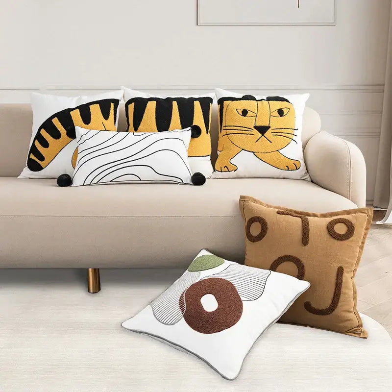 Cartoon tiger embroidered yellow cotton pillow cover bedroom