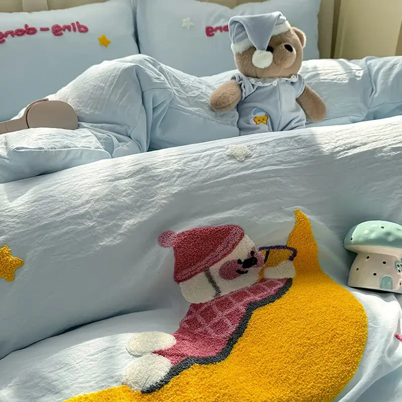 Cartoon towel embroidery light blue bedding set bedroom duvet cover
