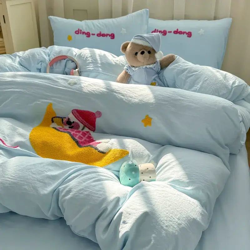 Cartoon towel embroidery light blue bedding set bedroom duvet cover