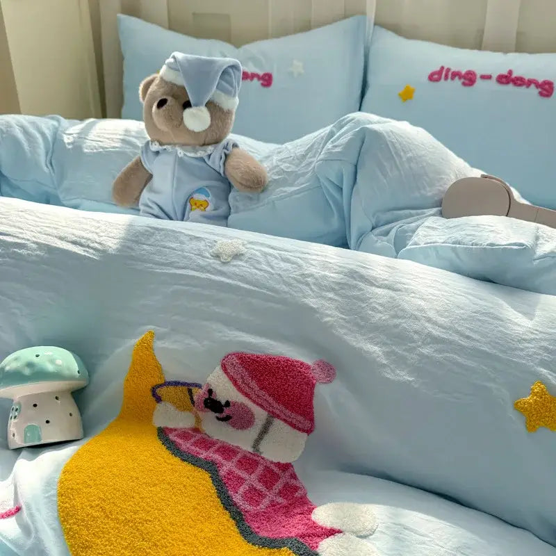 Cartoon towel embroidery light blue bedding set bedroom duvet cover