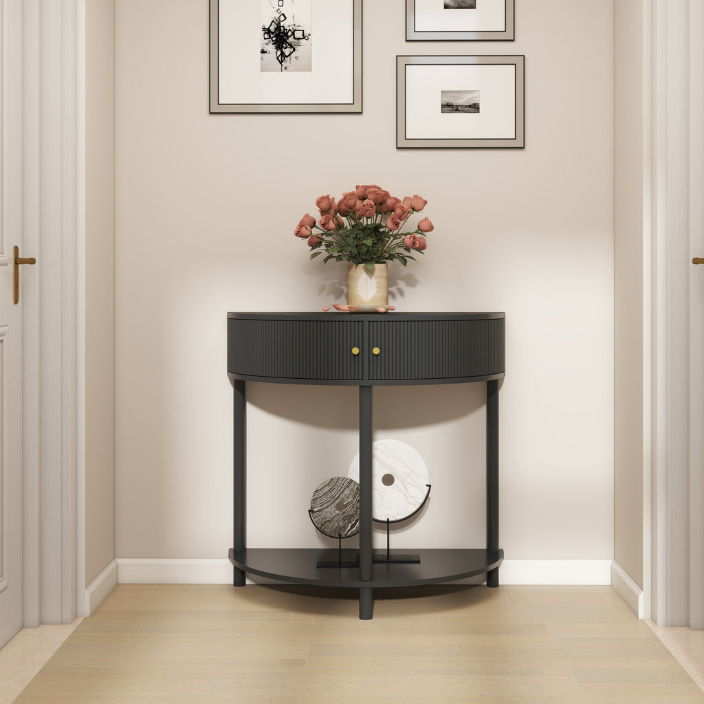 Artisan-Crafted Wave-Pattern Demi-Lune Console Table With Dark Gray Finish,Unique Half Moon Design End Table With 2 Storage Drawers And Bottom Shelf For Living Room, Bedroom, Study, Hallway