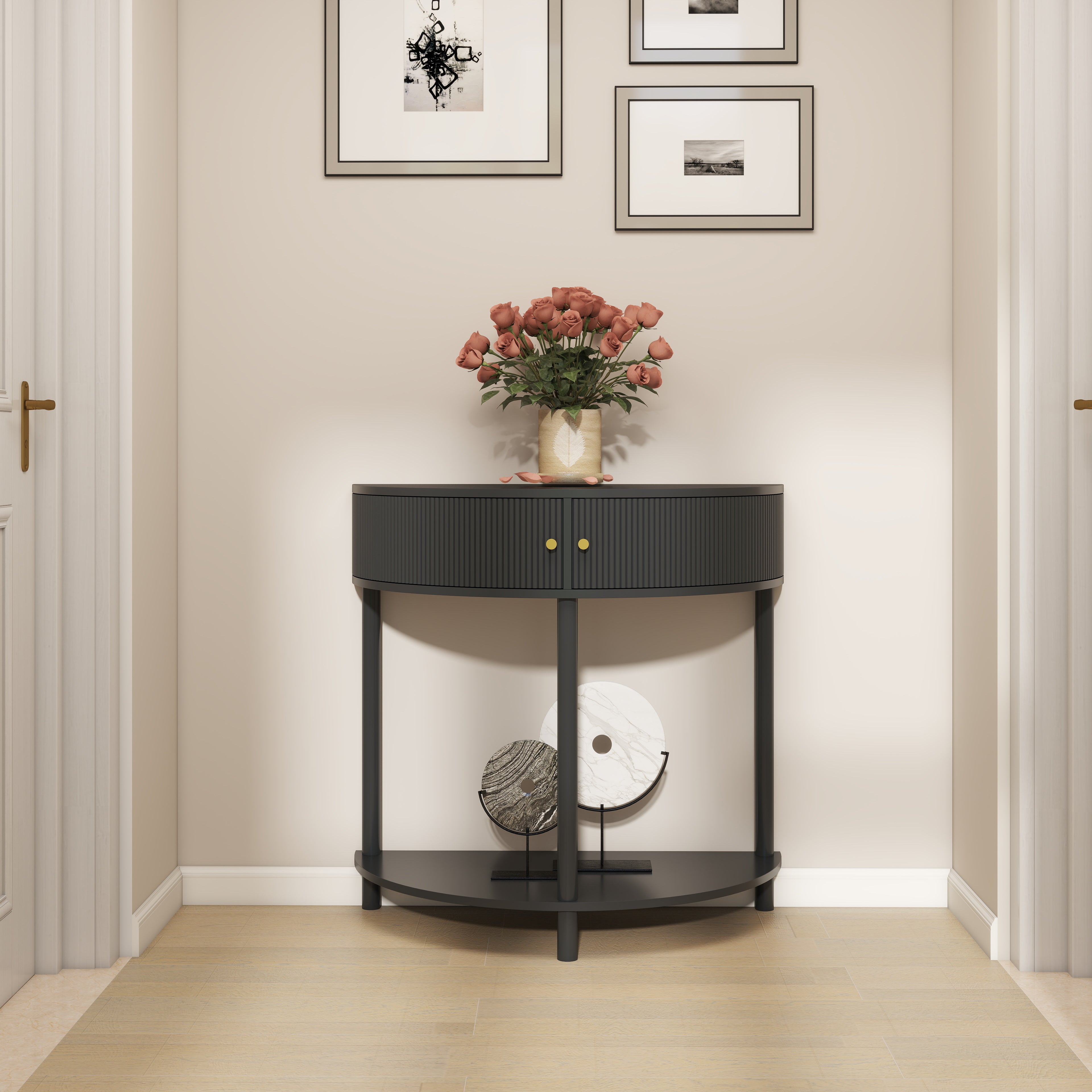 Artisan-Crafted Wave-Pattern Demi-Lune Console Table With Dark Gray Finish,Unique Half Moon Design End Table With 2 Storage Drawers And Bottom Shelf For Living Room, Bedroom, Study, Hallway