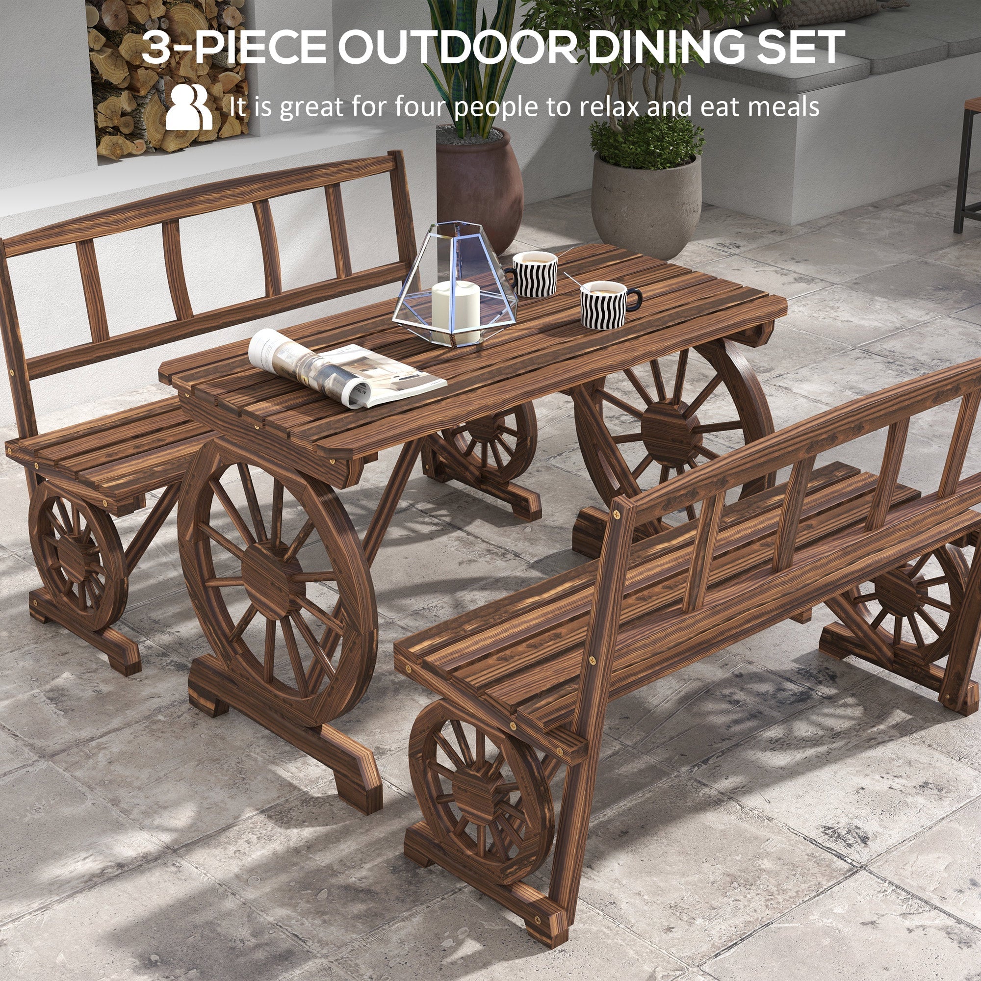 Patio Table and Chairs for 4 People, Wagon Wheel Design, Outdoor Furniture Set for Backyard, Garden, Carbonized