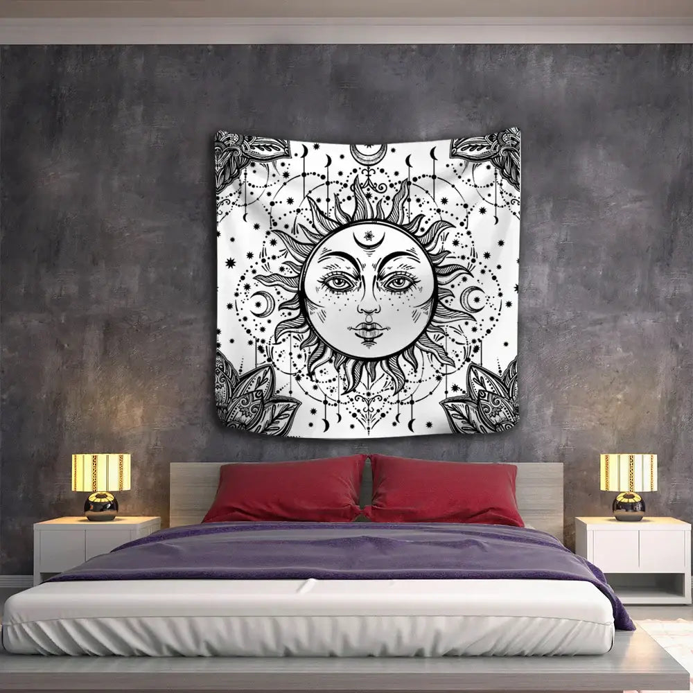 Celestial mandala tapestry black & white wall hanging bedroom decor
