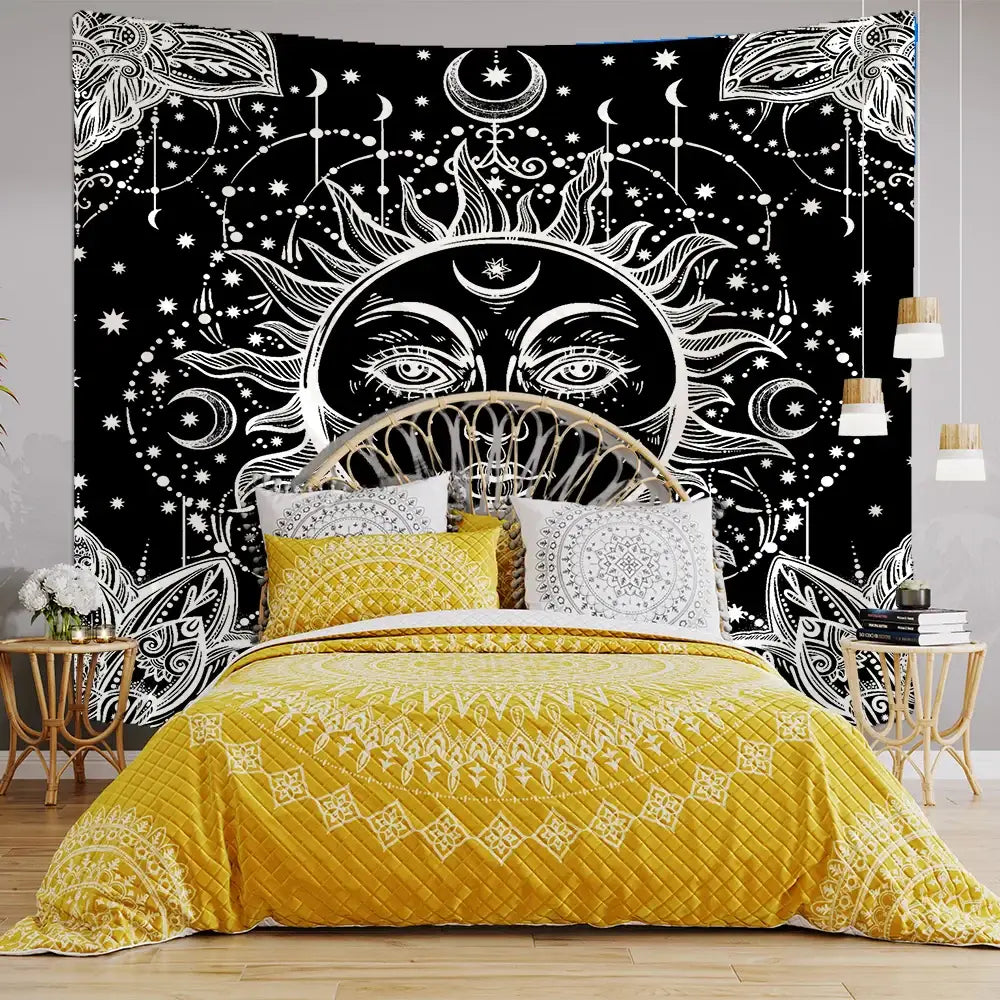 Celestial mandala tapestry black & white wall hanging bedroom decor