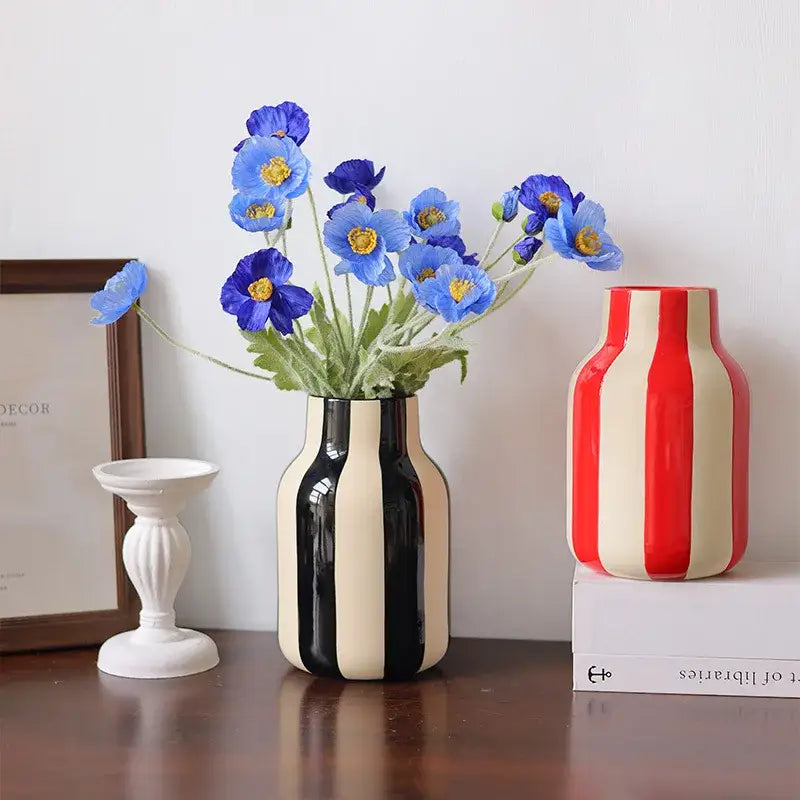 Ceramic Vase Black Red Striped
