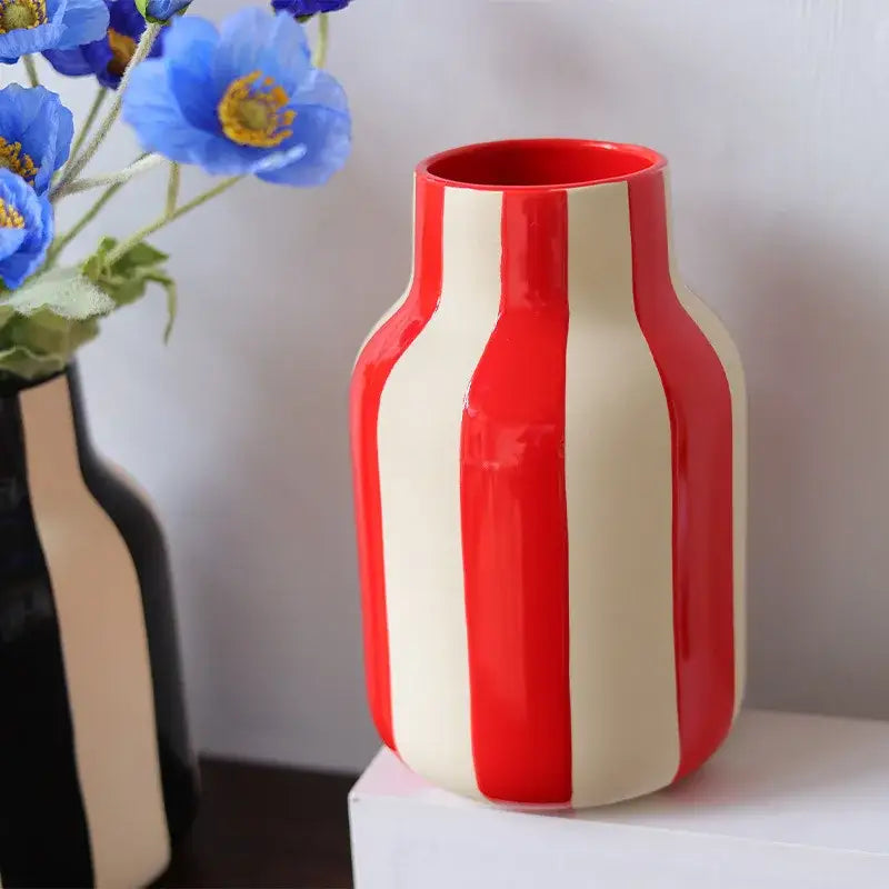 Ceramic Vase Black Red Striped
