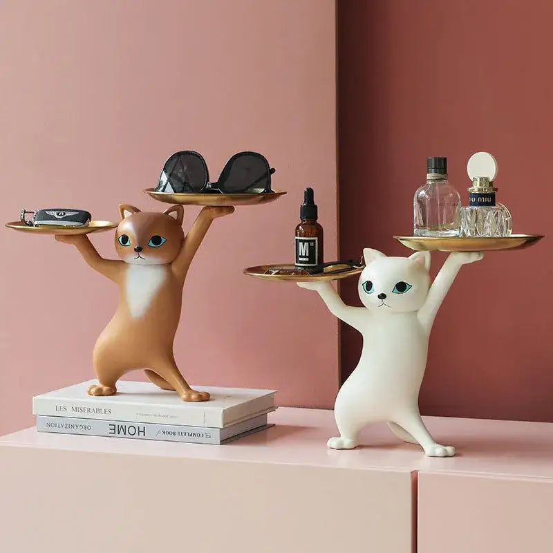 Ceramic white & beige cat figurines storage tray living room decor