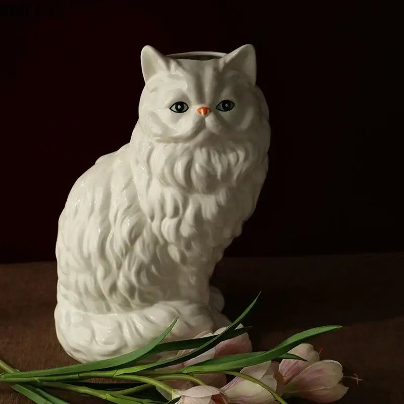 Ceramic white cat vase for desk and living room decor