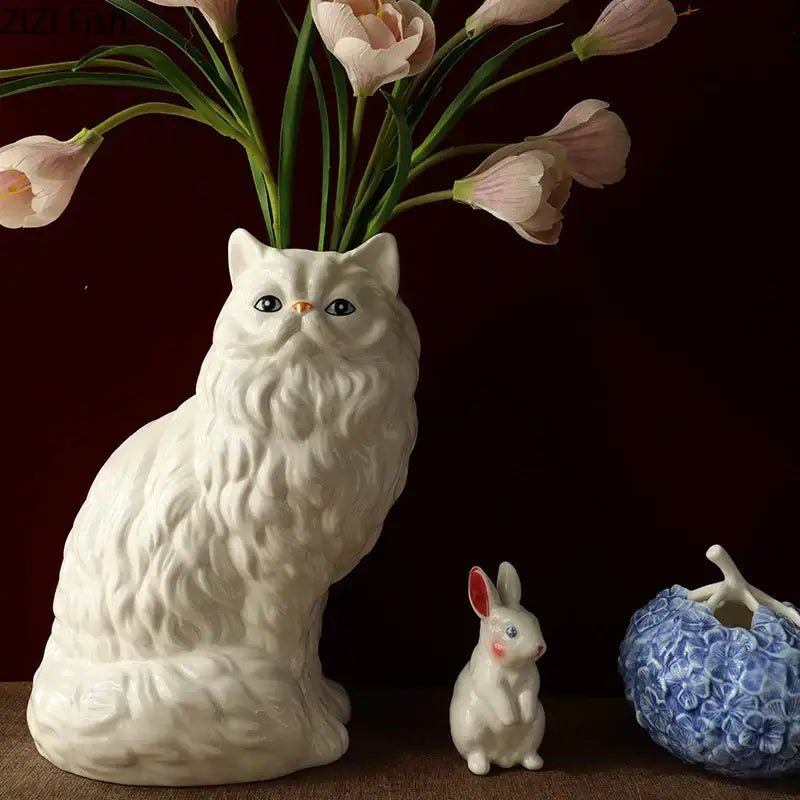 Ceramic white cat vase for desk and living room decor