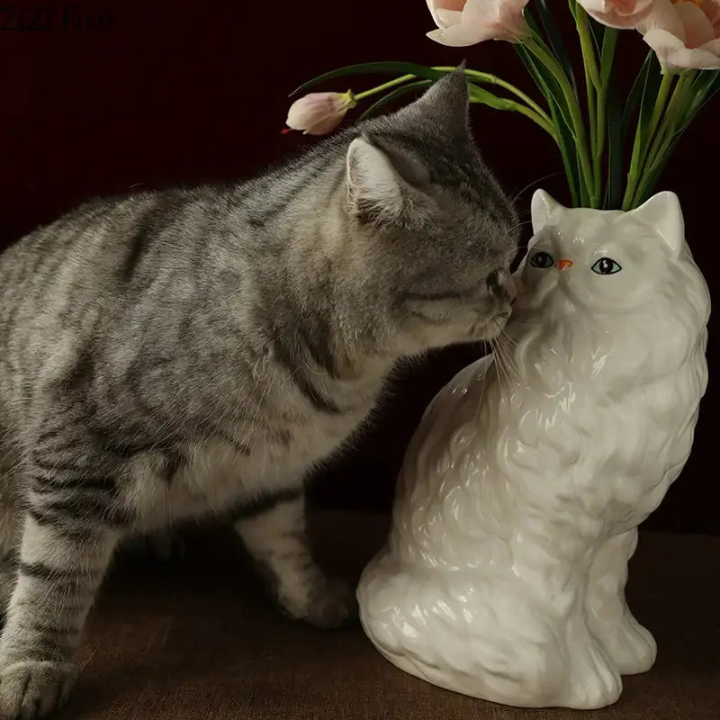 Ceramic white cat vase for desk and living room decor