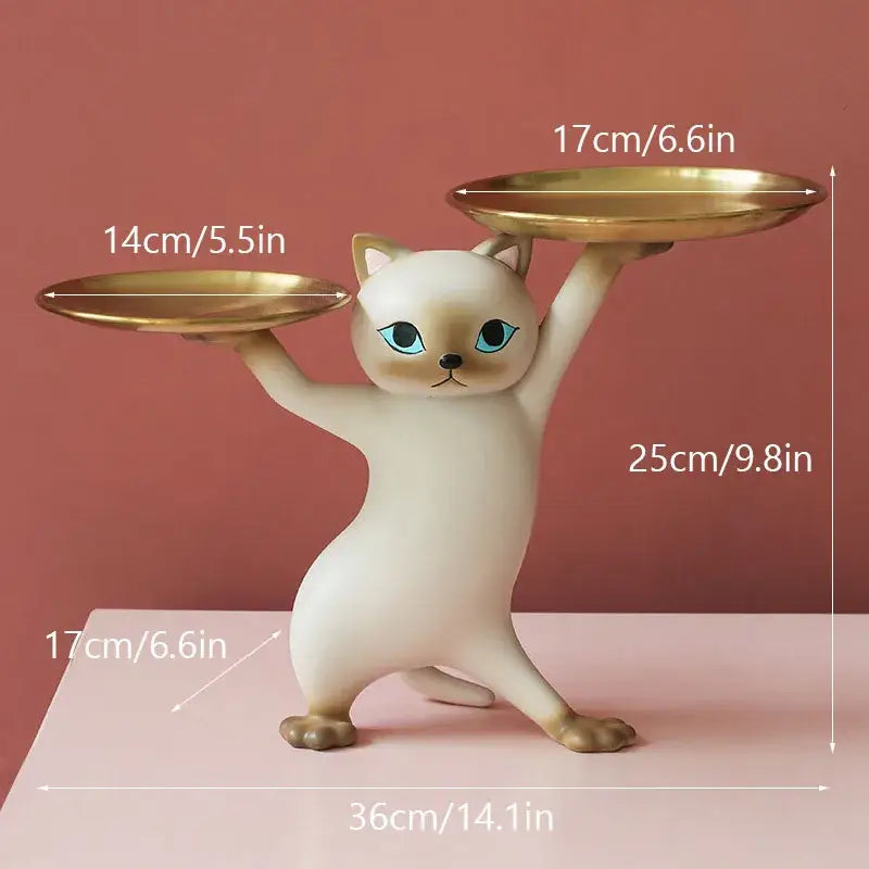 Chic cream and gold cat resin tray living room decor accessory