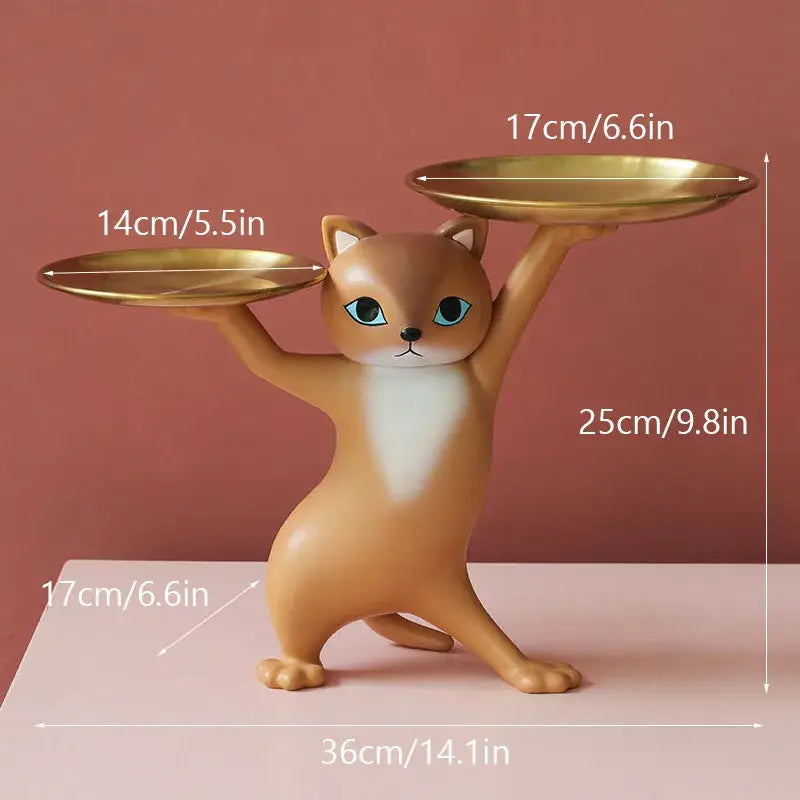 Chic cream and gold cat resin tray living room decor accessory