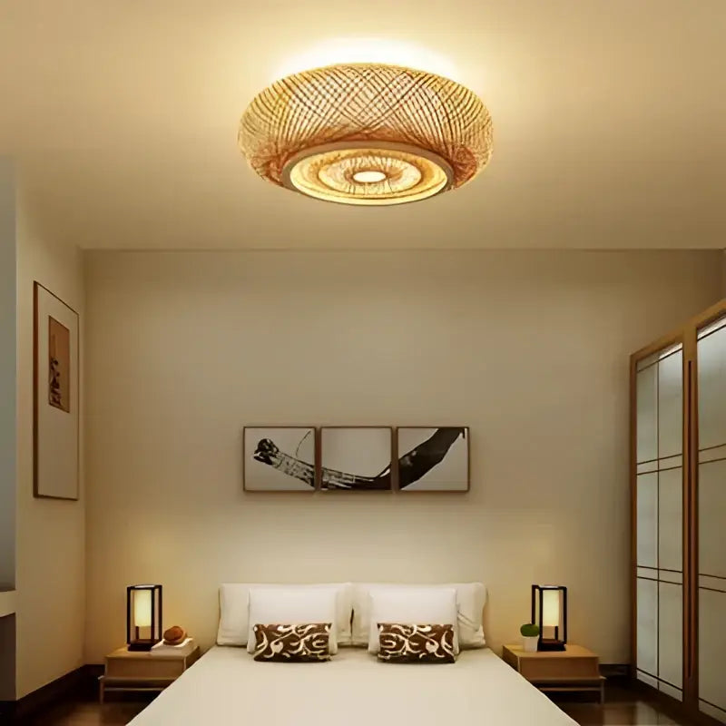 Chinese style bamboo wicker rattan round ceiling light living room