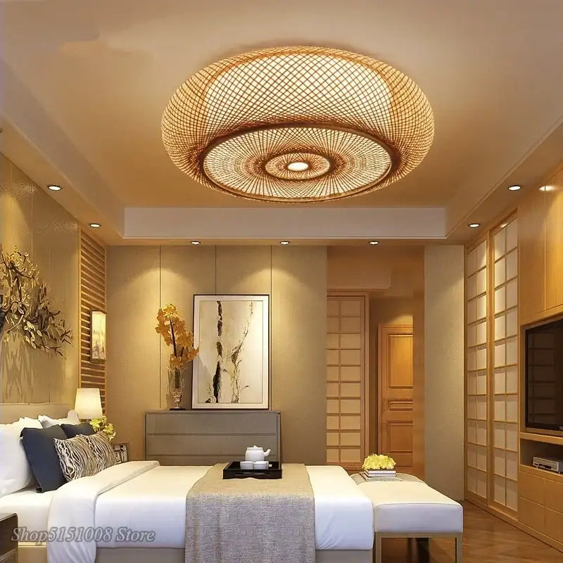 Chinese style bamboo wicker rattan round ceiling light living room