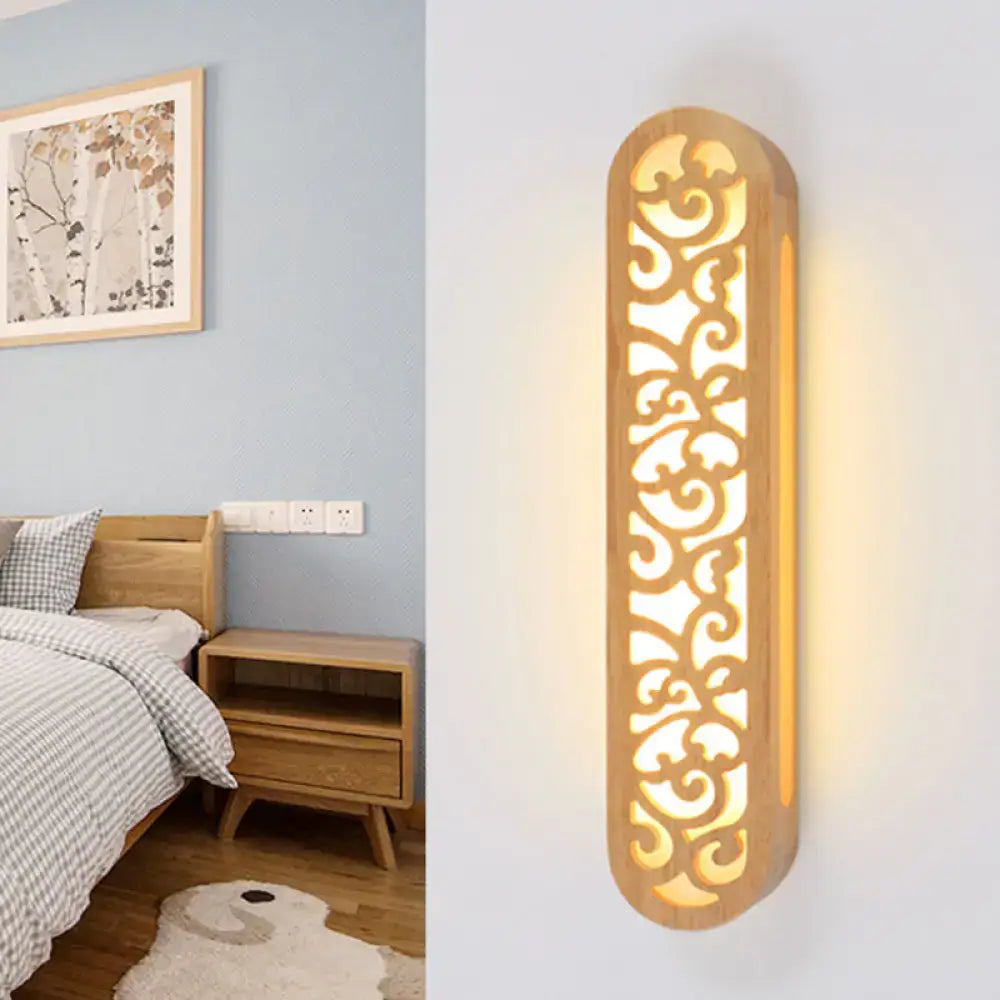 Chinese style beige carved wood wall light fixture bedroom sconce