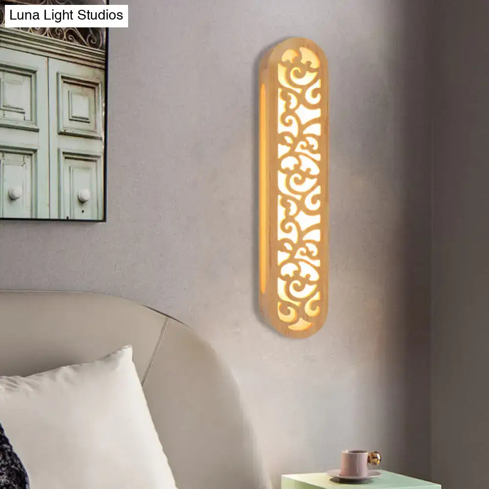 Chinese style beige carved wood wall light fixture bedroom sconce