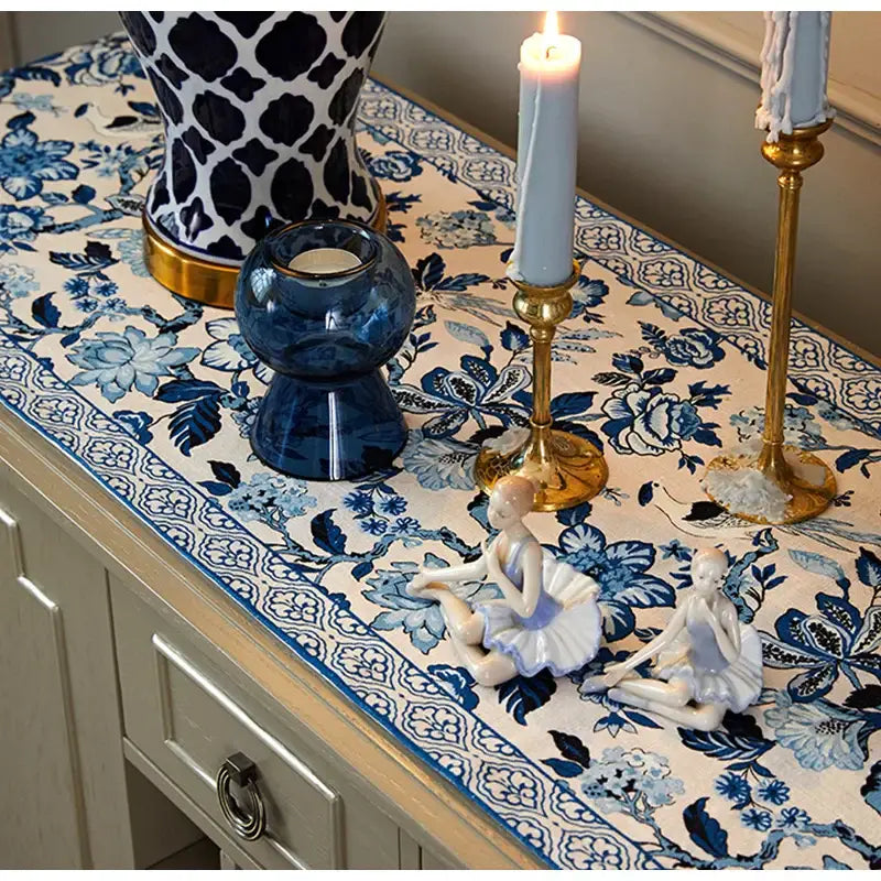Chinoiserie blue & white porcelain table runner dining room tassel