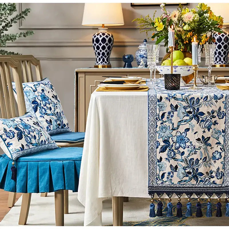 Chinoiserie blue & white porcelain table runner dining room tassel