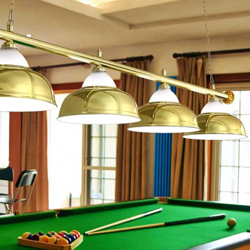 Decorbites stainless steel billiard light with gold brass finish and white glass shades for game room ceiling use