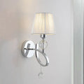 Classic chrome crystal drop wall lamp with faceted crystal accent and off-white pleated lampshade for bedroom