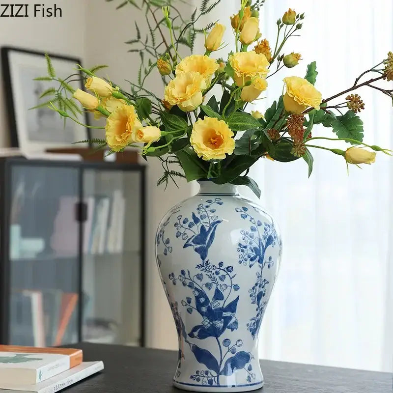 Classical blue & white porcelain vase living room floral decor
