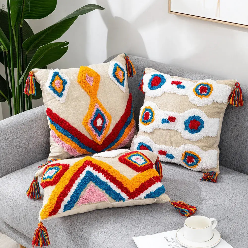 Colorful geometric boho tassel macrame pillow covers living room decor