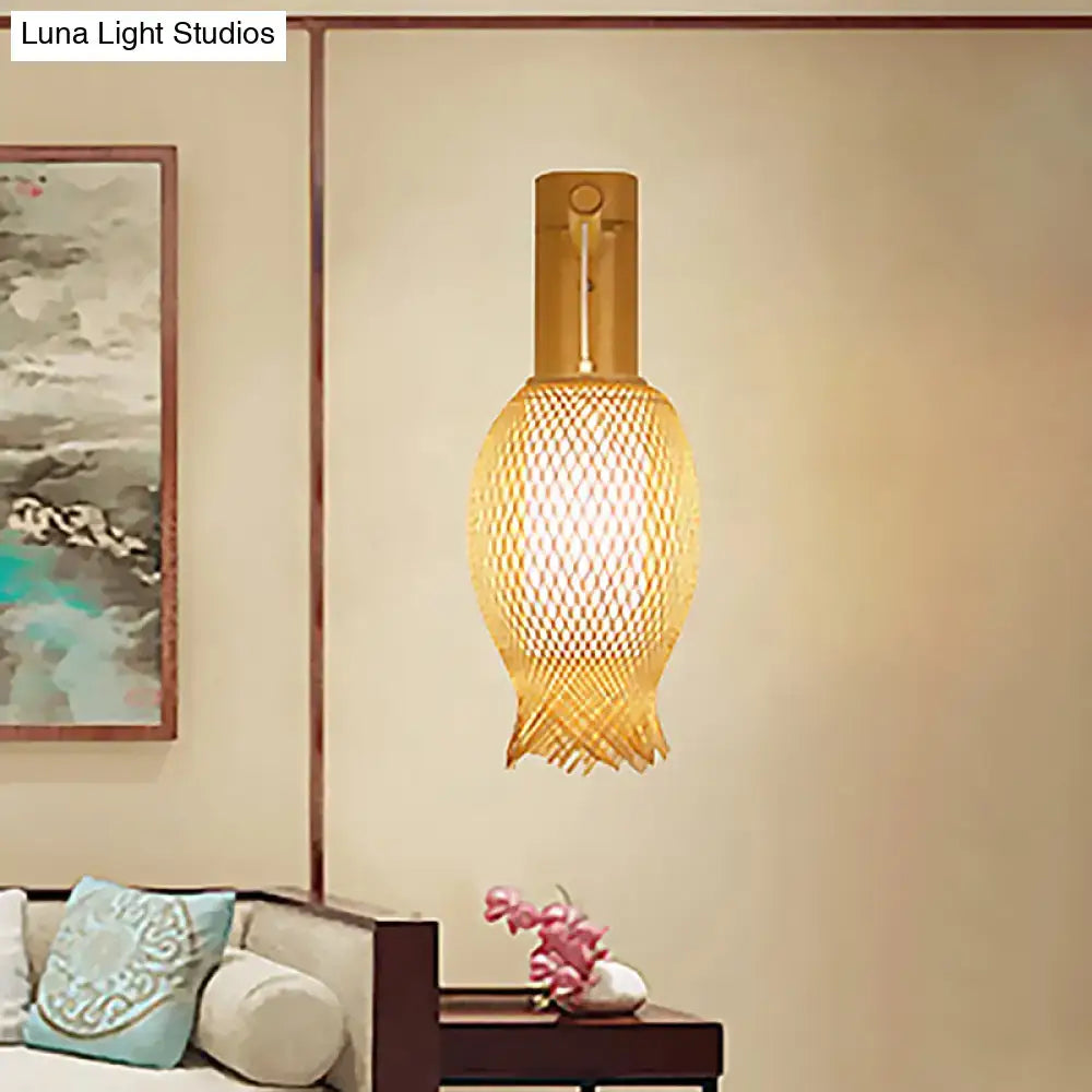Contemporary bamboo golden wall light fixture – bedroom woven lantern