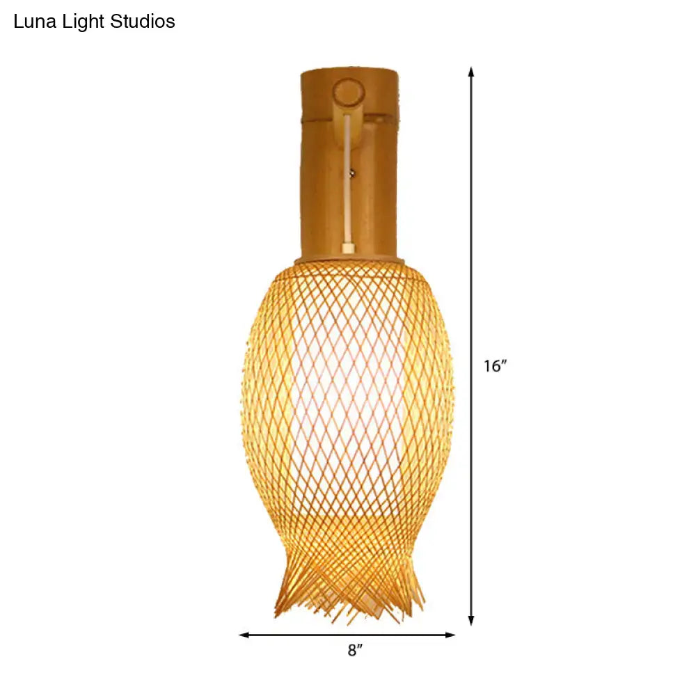 Contemporary bamboo golden wall light fixture – bedroom woven lantern