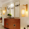 Contemporary bamboo golden wall light fixture with woven rattan lantern shade for bedroom wall light fixture