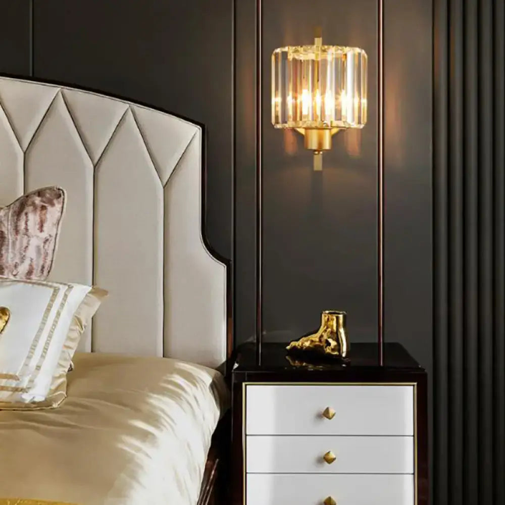 Contemporary black & gold crystal drum wall lamp bedroom lighting