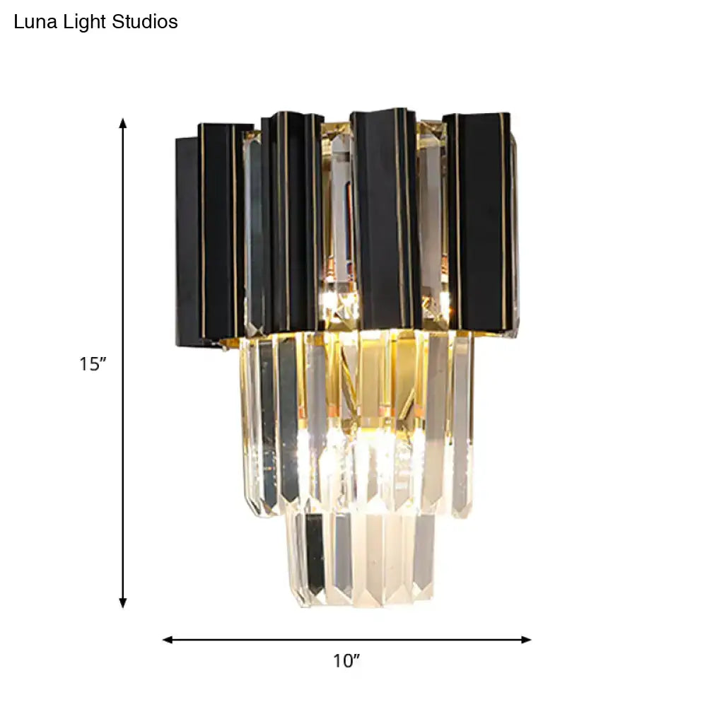 Contemporary black & gold wall lamp with clear crystal prisms bedroom