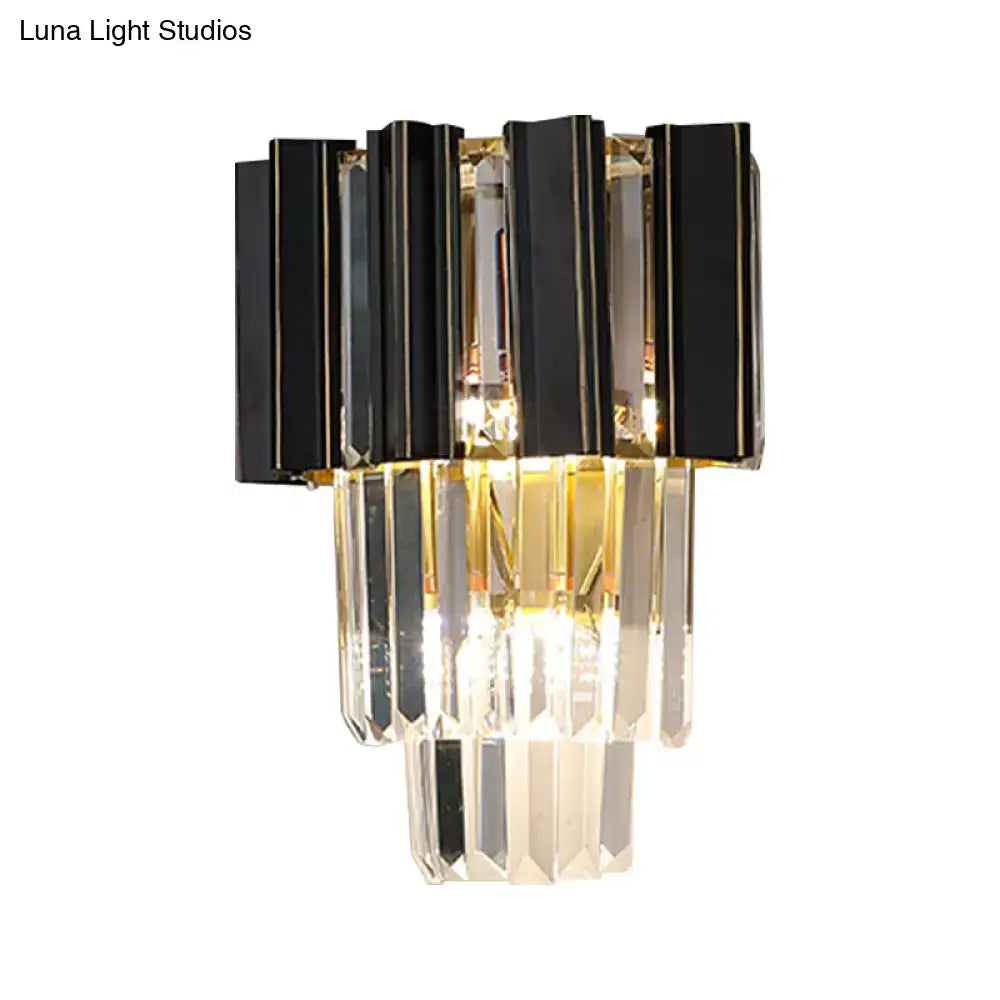 Contemporary black & gold wall lamp with clear crystal prisms bedroom