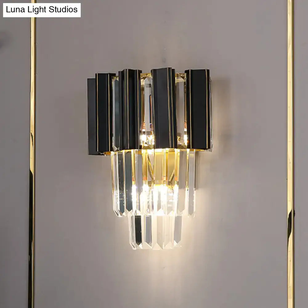 Contemporary black & gold wall lamp with clear crystal prisms bedroom