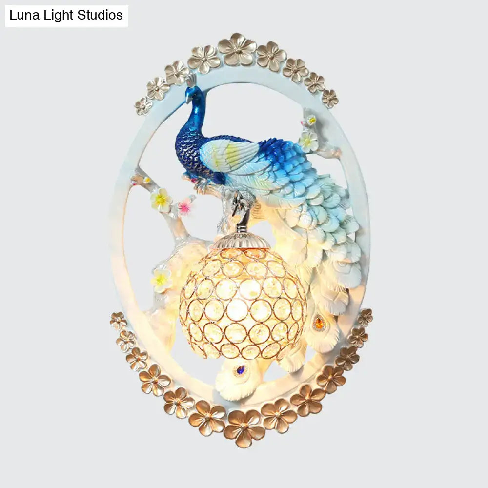 Contemporary blue & white peacock wall sconce crystal ball living room