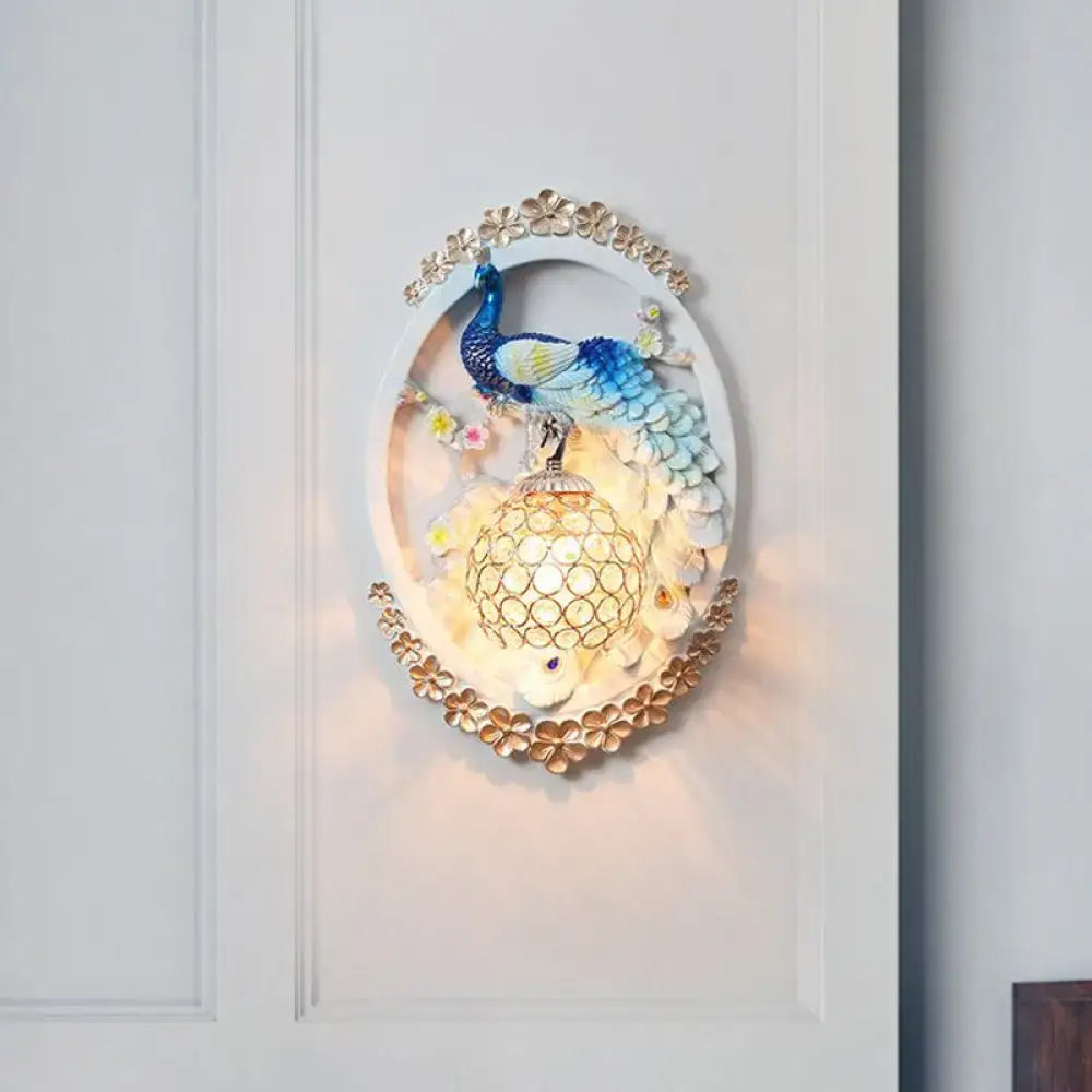 Contemporary blue & white peacock wall sconce crystal ball living room