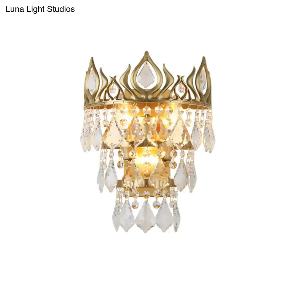 Contemporary brass crown sconce light fixture bedroom crystal drip
