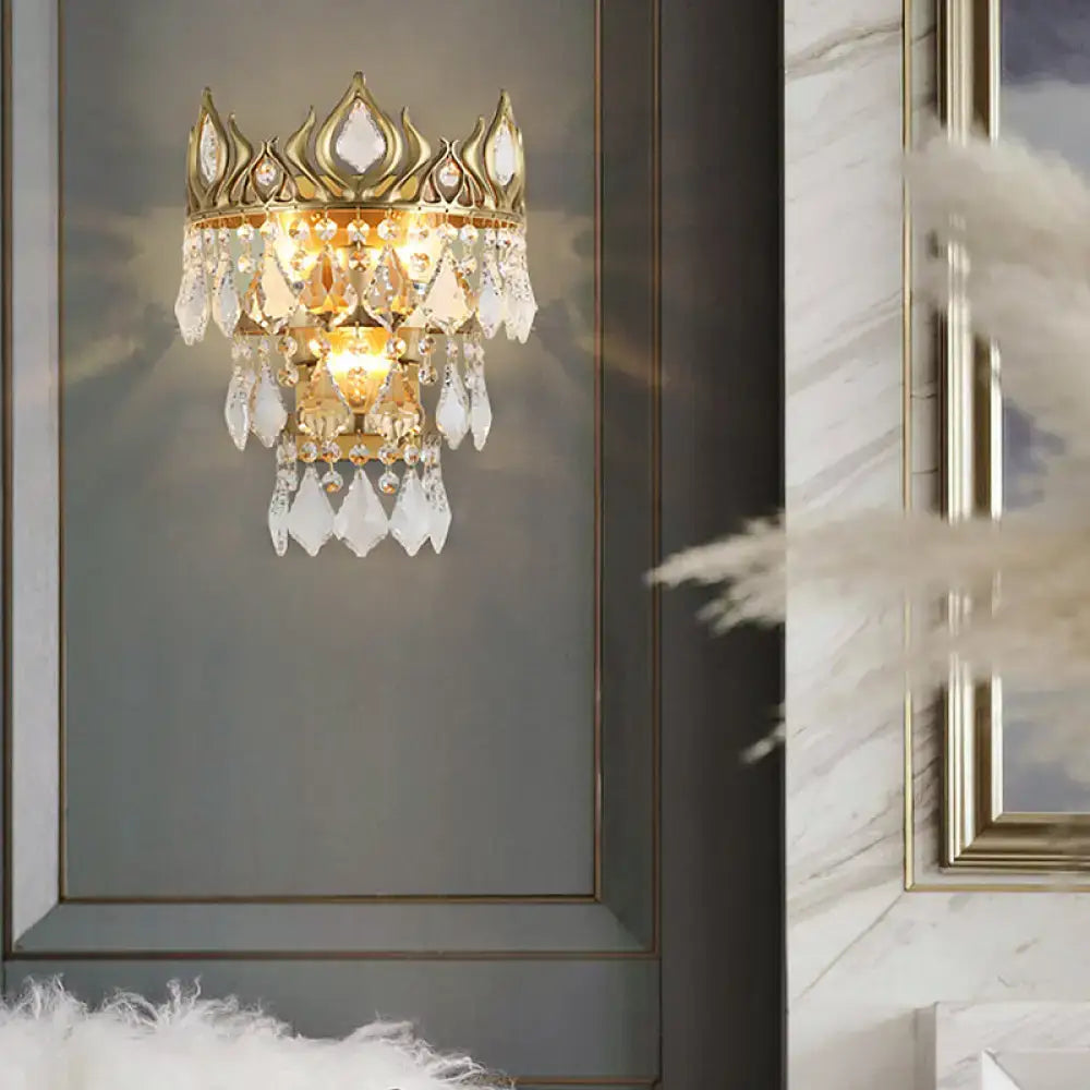 Contemporary brass crown sconce light fixture bedroom crystal drip