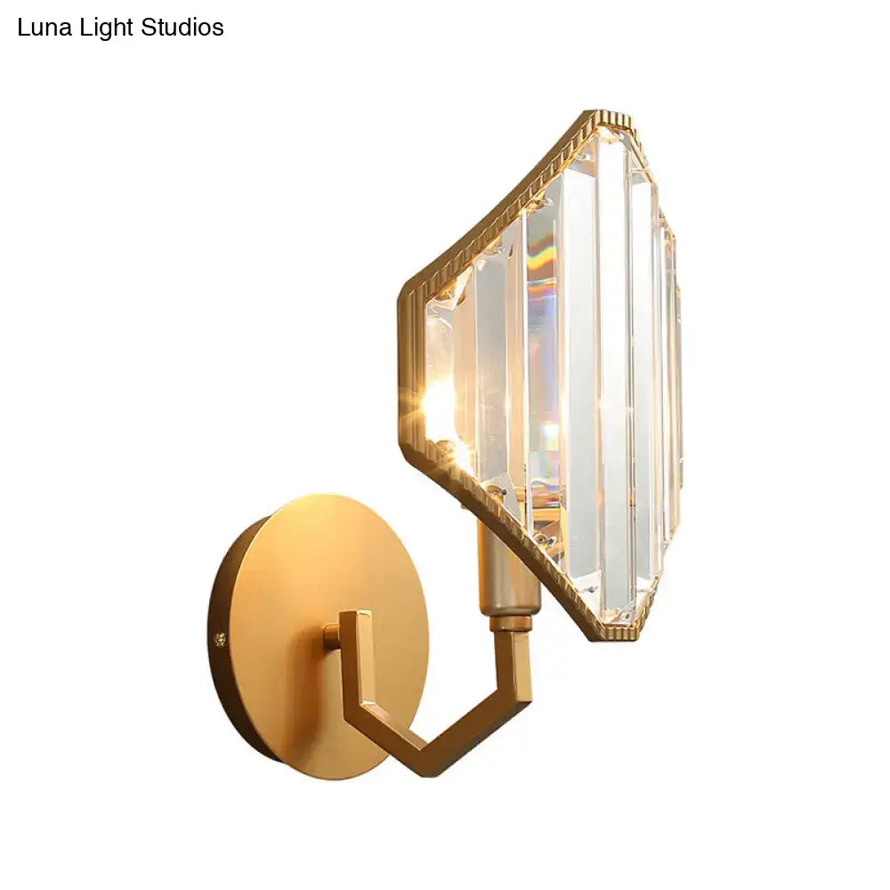 Contemporary brass rhombus wall sconce with clear crystal prism bedroom
