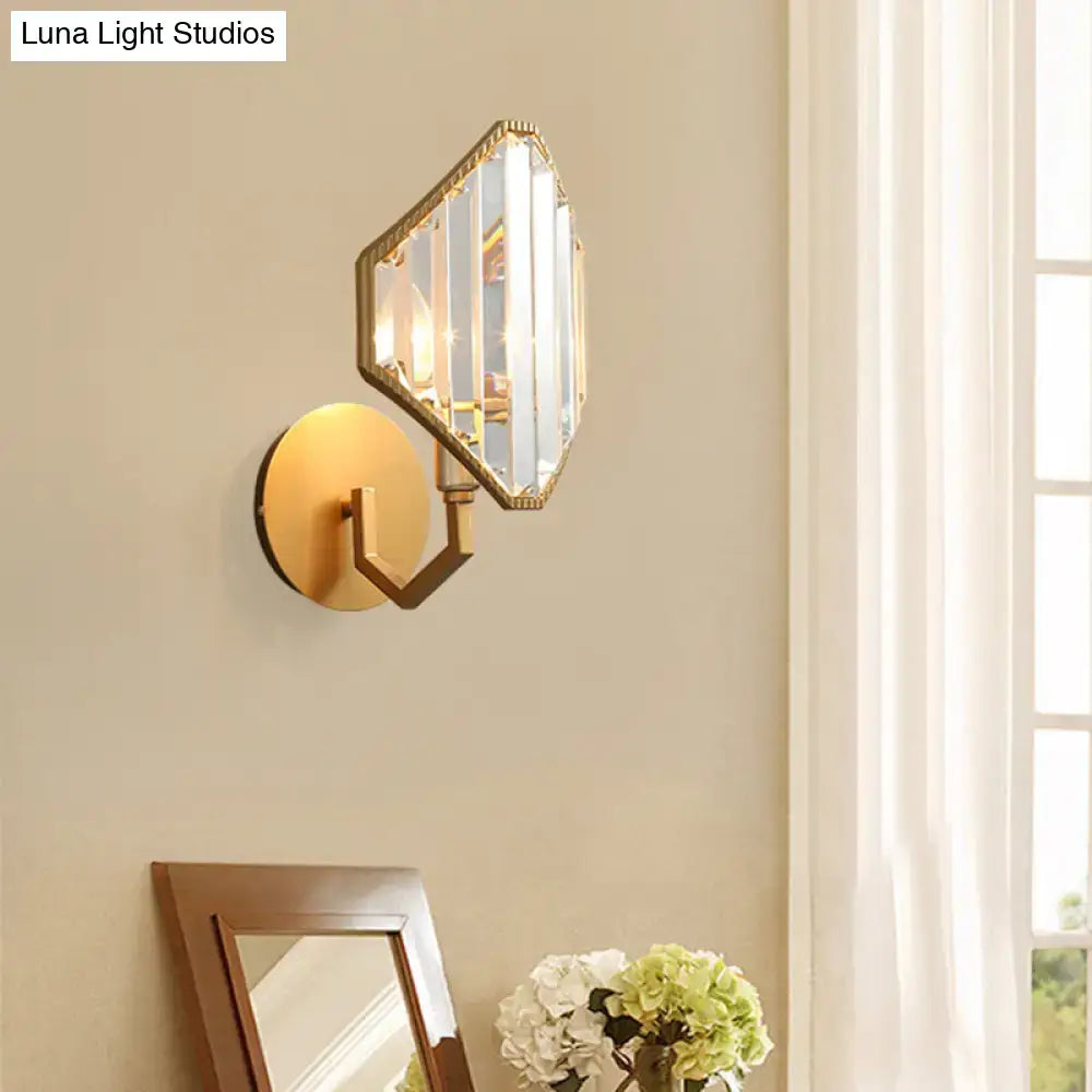 Contemporary brass rhombus wall sconce with clear crystal prism bedroom