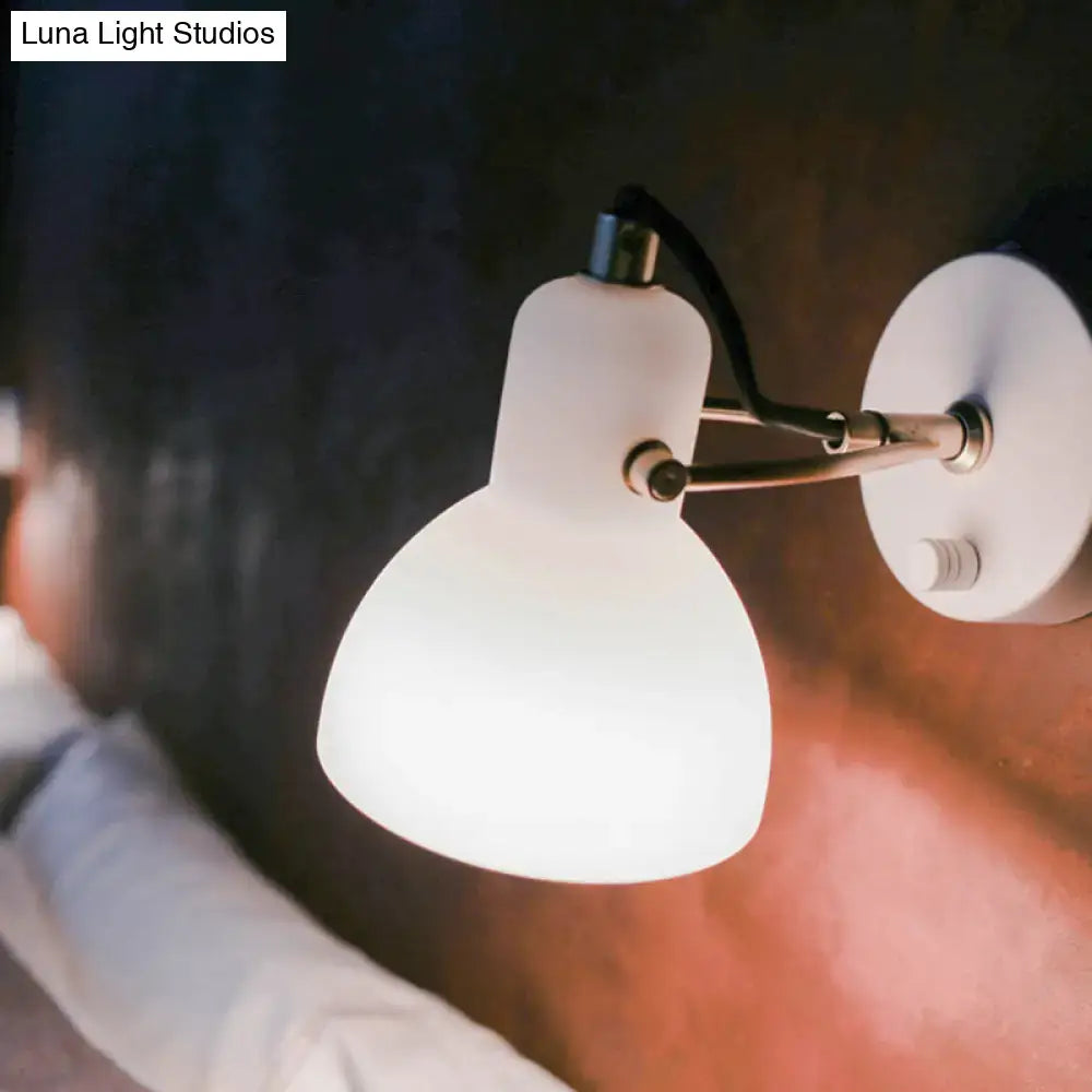 Contemporary brass & white glass wall lamp for bedroom with adjustable arm